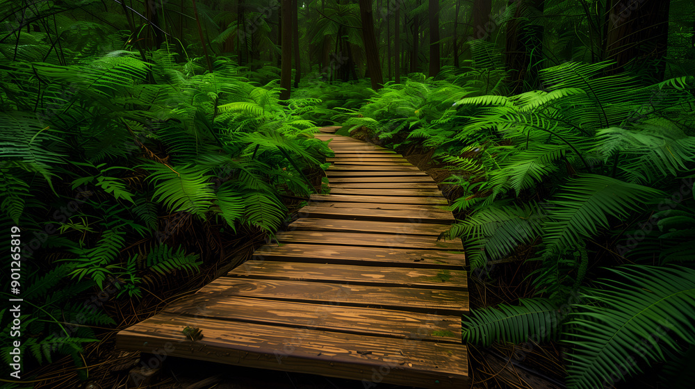 A wooden bridge winds its way through lush, green fern leaves in a tropical setting. A wooden bridge winds its way through lush, green fern leaves in a tropical setting.