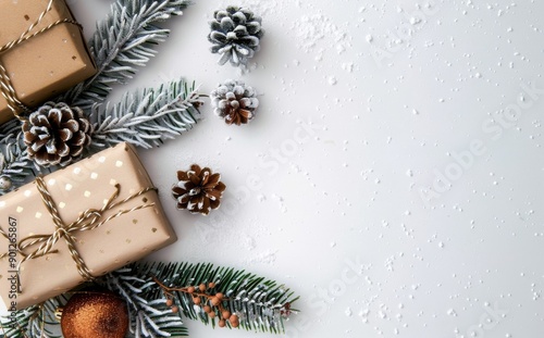 Wrapped Gifts With Pine Cones and Snow photo