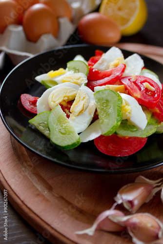 light brown salad with tomato and cucumber eggs