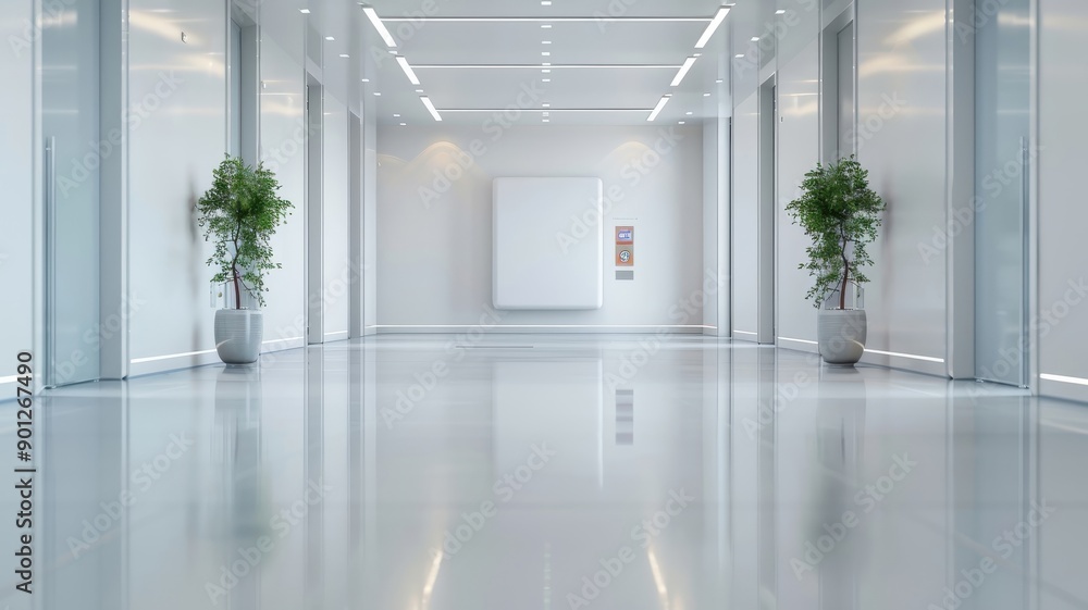 Obraz premium Empty 3D studio with a white futuristic background, neon-lit corridor, and silver road, set against gray walls for a high-tech vibe.