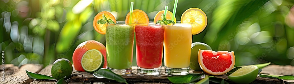 Refreshing glasses of mixed fruit juice with a tropical background, featuring oranges, limes, and grapefruits. Refreshing glasses of mixed fruit juice with a tropical background, featuring oranges, limes, and grapefruits.
