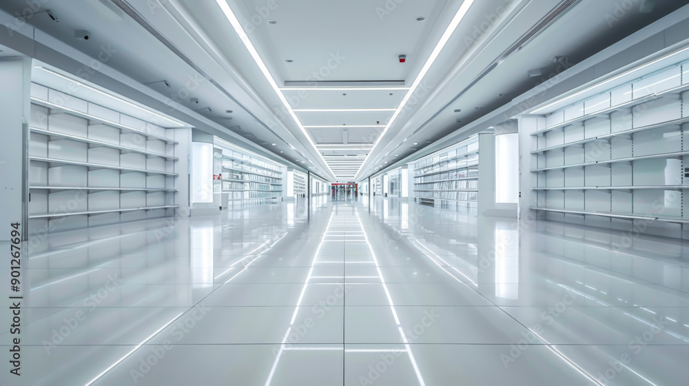 Bright white space. Empty shopping center shelves with white shelving. Bright white space. Empty shopping center shelves with white shelving.