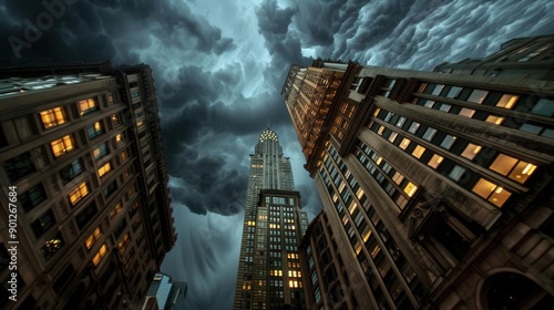 A stormy sky over a bustling financial district, illustrating market turbulence photo