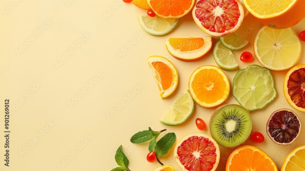 sliced fruits on yellow background. sliced fruits on yellow background.