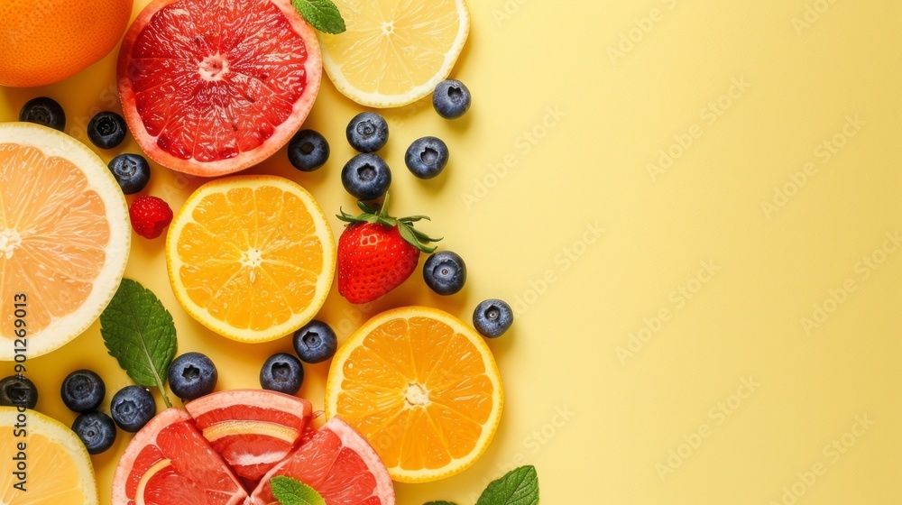sliced fruits on yellow background. sliced fruits on yellow background.
