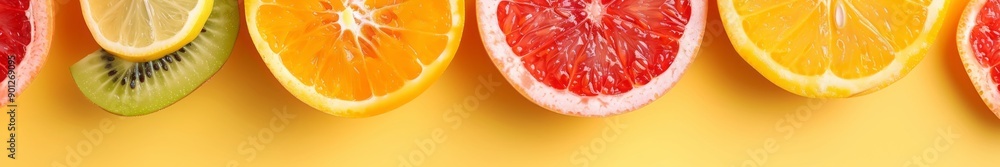 sliced fruits on yellow background. sliced fruits on yellow background.