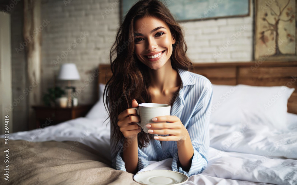 Cheerful tender female in white sleepwear sitting with cup of coffee on bed enjoying morning in bedroom at home Cheerful tender female in white sleepwear sitting with cup of coffee on bed enjoying morning in bedroom at home