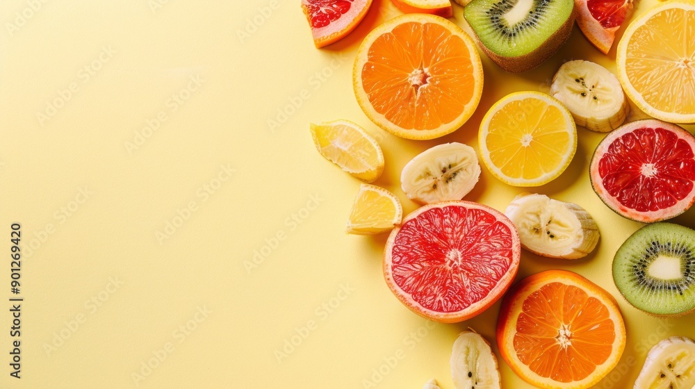 sliced fruits on yellow background. sliced fruits on yellow background.