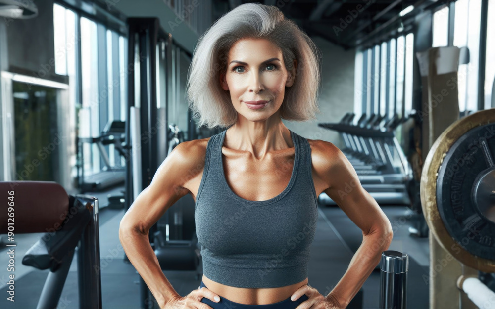 Senior woman, flexing and smile for selfie or profile picture in exercise, workout or muscle training at the gym Senior woman, flexing and smile for selfie or profile picture in exercise, workout or muscle training at the gym