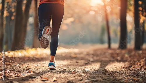 Close-up back woman bottom leg running from knee to foot aesthetically running and jogging in a park with an Autumn