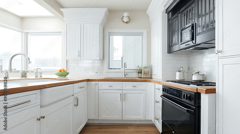 Fototapeta premium A stylish kitchen featuring a sleek oven range hood.