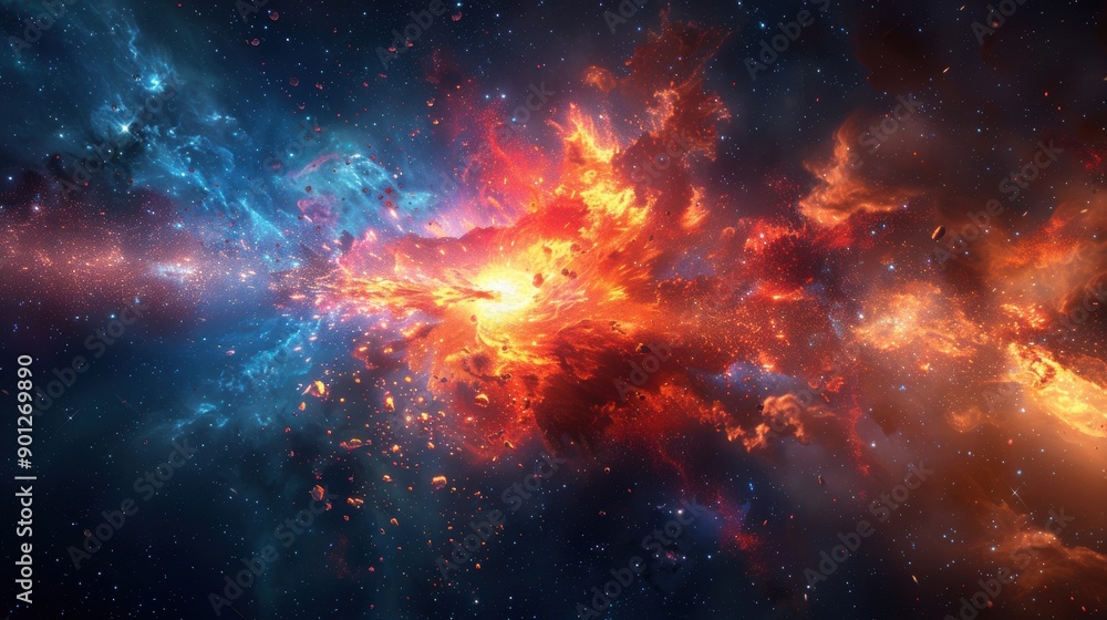 Dramatic depiction of an exploding nebula in deep outer space with fiery colors and cosmic elements. Dramatic depiction of an exploding nebula in deep outer space with fiery colors and cosmic elements.