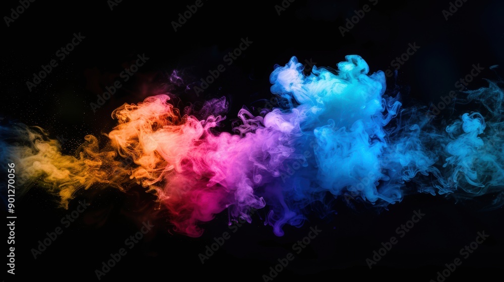 Vivid and colorful smoke clouds in shades of blue, pink, and orange, against a black background creating a dramatic visual effect. Vivid and colorful smoke clouds in shades of blue, pink, and orange, against a black background creating a dramatic visual effect.