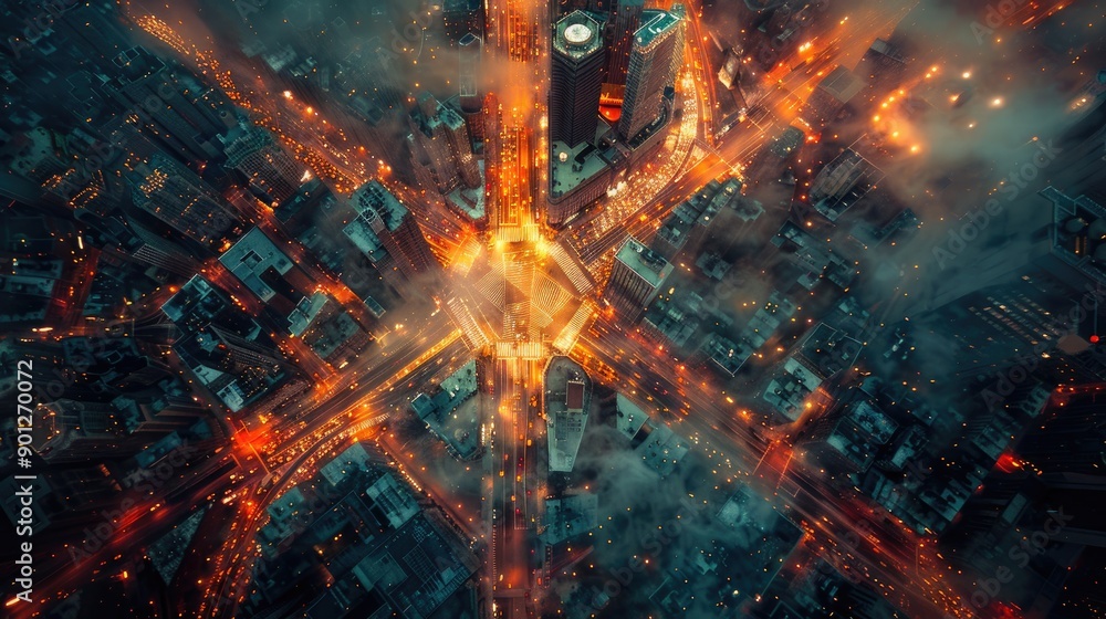 Fototapeta premium Aerial view of the city, with streets and buildings interlacing like intricate patterns