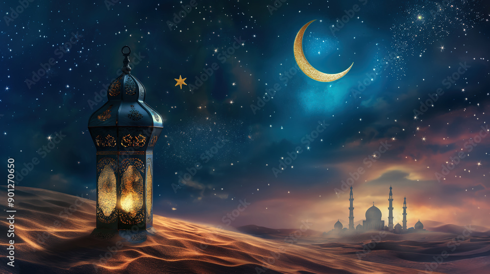 A stunning night scene featuring a lantern, crescent moon, and a distant mosque under a starry sky. A stunning night scene featuring a lantern, crescent moon, and a distant mosque under a starry sky.
