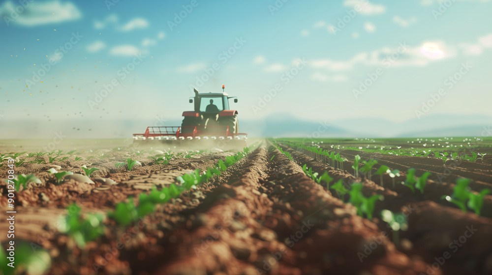 Fototapeta premium Modern Tractor Working in Vast Green Agricultural Field