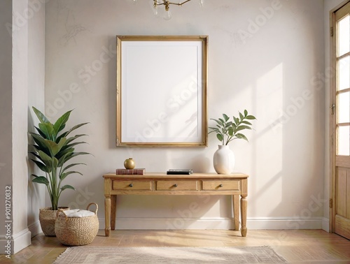Wooden table, large blank framed poster mockup, and plants, natural light background, home decor concept. 3D Rendering