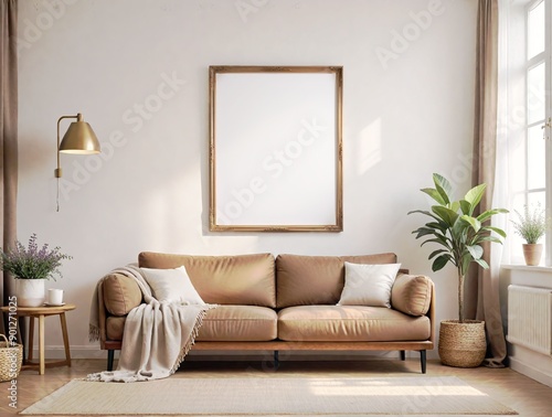 Brown leather sofa large blank framed poster mockup, and plants, natural light background, home decor concept. 3D Rendering