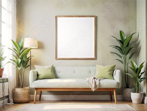 Mint wall and fabric sofa, large blank framed poster mockup, and plants, natural light background, home decor concept. 3D Rendering