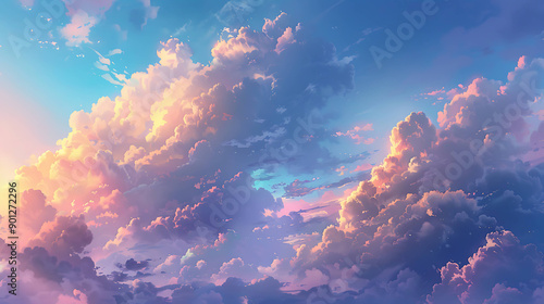 A breathtaking view of a colorful sky filled with fluffy clouds, capturing the beauty of a sunset or sunrise.