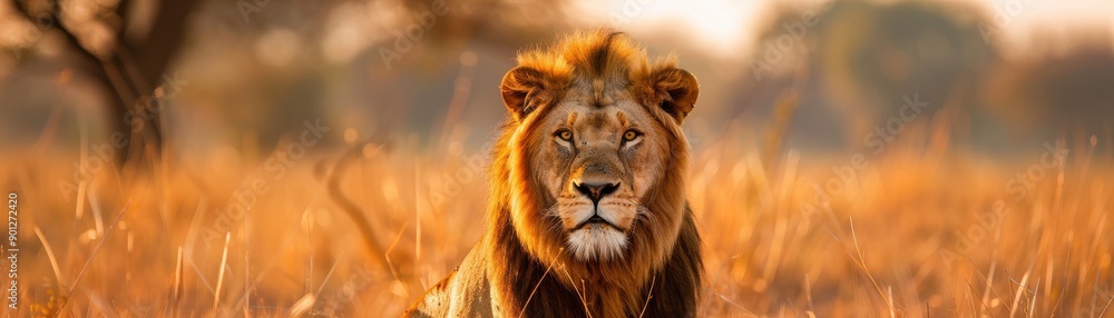 Fototapeta premium Majestic lion resting in golden grassland, showcasing strength and beauty in its natural habitat during sunset.