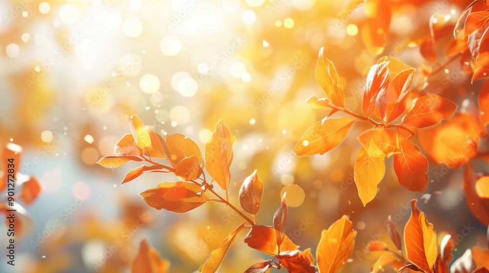 Golden autumn leaves bathed in sunlight, creating a warm and glowing atmosphere with a beautiful bokeh background. Golden autumn leaves bathed in sunlight, creating a warm and glowing atmosphere with a beautiful bokeh background.
