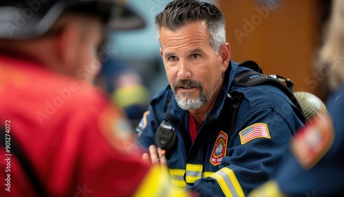 Artistic capture of a firefighter conducting a public education session, representing their dedication to spreading fire safety awareness