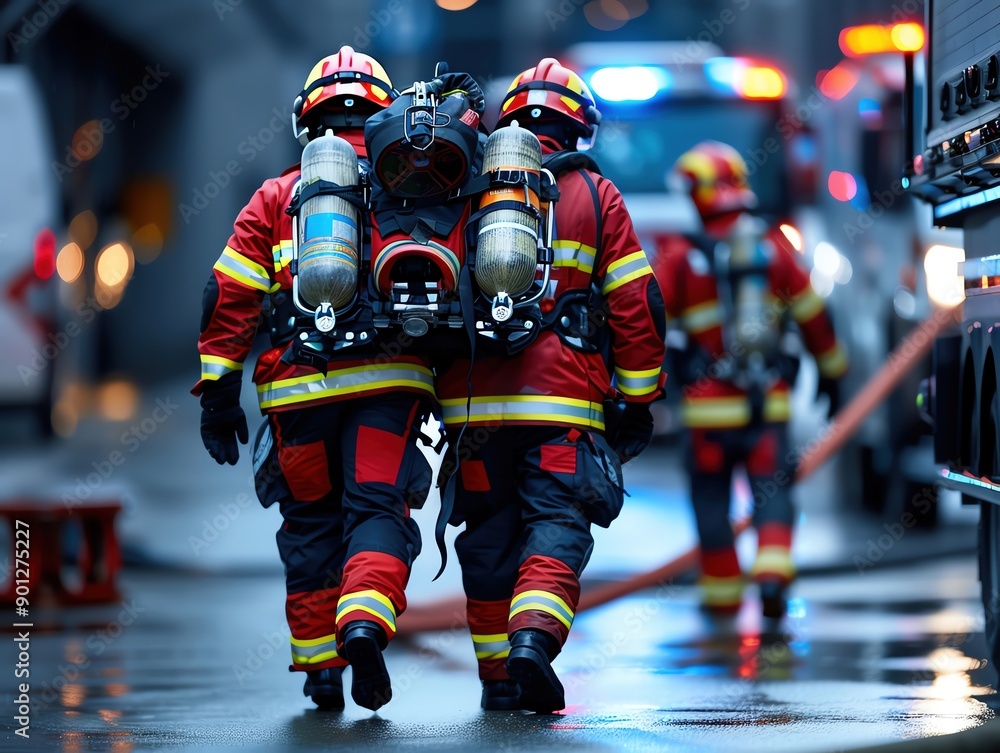 Naklejka premium Artistic capture of firefighters providing medical assistance, representing their crucial role in emergency situations