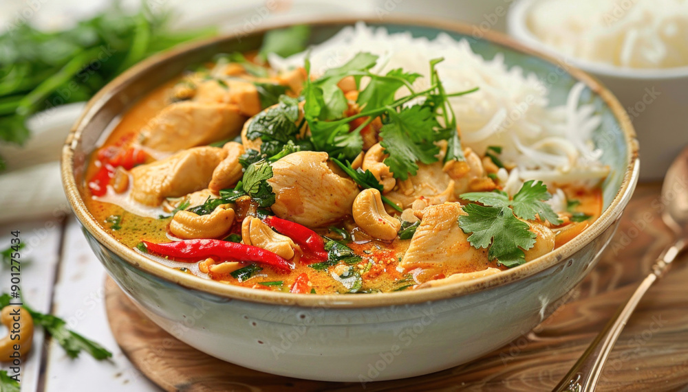 A bowl of chicken curry with rice and noodles on a wooden table is a delicious meal A bowl of chicken curry with rice and noodles on a wooden table is a delicious meal