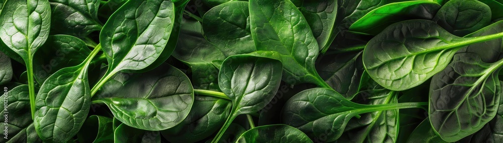 Fototapeta premium Fresh spinach leaves close-up. Green leafy vegetable background. Healthy eating, organic food, and vegetarian diet concept. High-resolution image.