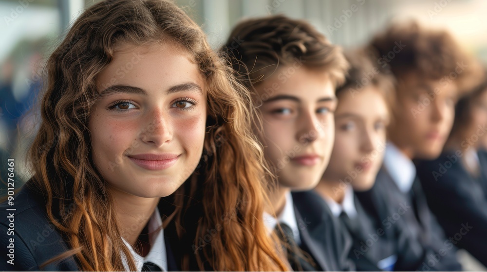 A group of high school students in uniform, looking directly at the camera. The focus is on the young woman in the front, who is smiling. A group of high school students in uniform, looking directly at the camera. The focus is on the young woman in the front, who is smiling.