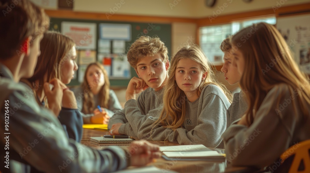 A group of teenagers sit around a table in a classroom, engaged in a discussion A group of teenagers sit around a table in a classroom, engaged in a discussion