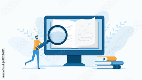flat Vector illustration technology business research , learning and online education with a man hold  magnifying glass concept
