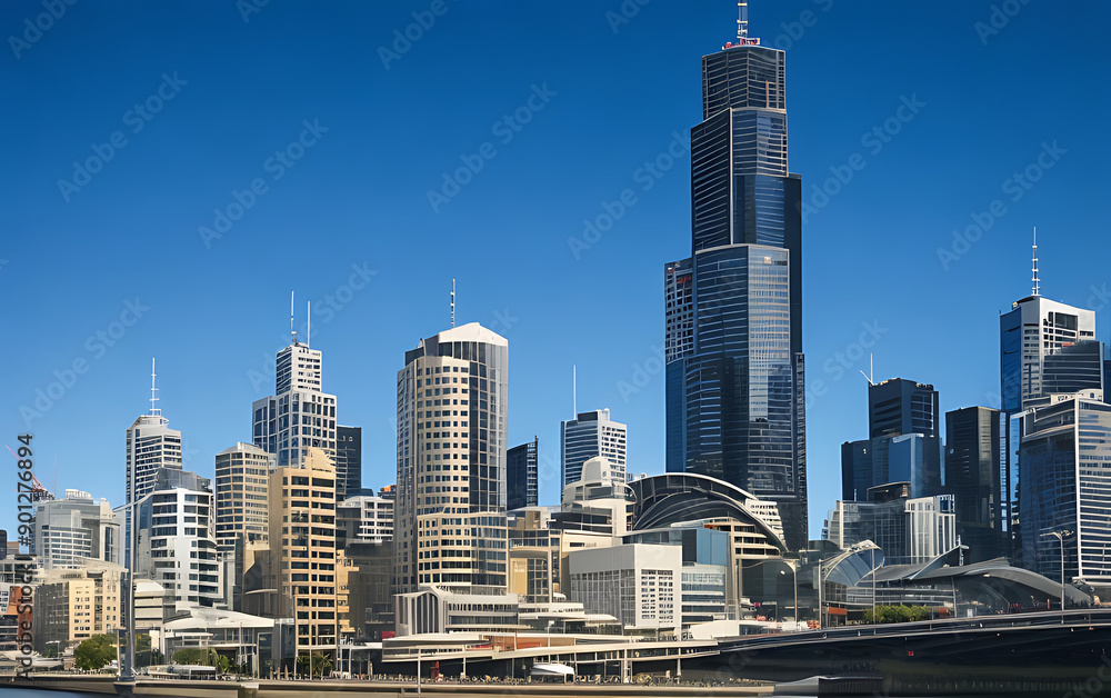 Naklejka premium Features a dynamic and diverse array of skyscrapers and high-rise buildings.