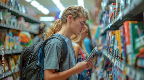 A young man with a backpack shops for groceries in a supermarket aisle. He is looking at the items on the shelf.