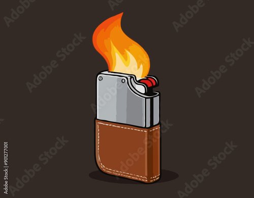 Steel Lighter in Leather Case as Portable Device for Igniting Cigarette and Generating Flame Vector Illustration