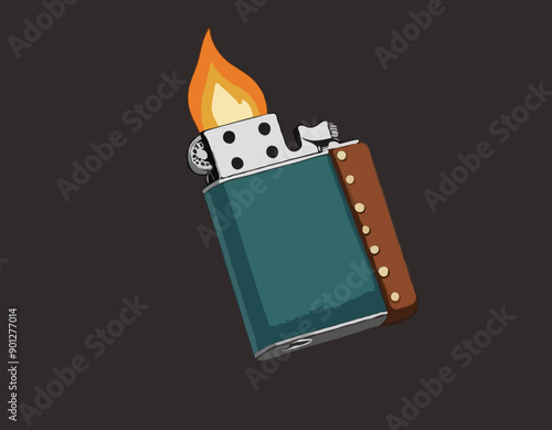 Steel Lighter in Leather Case as Portable Device for Igniting Cigarette and Generating Flame Vector Illustration