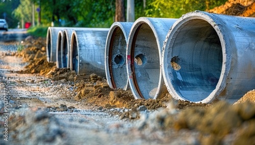 Concrete Pipes Arranged on Dirt Road