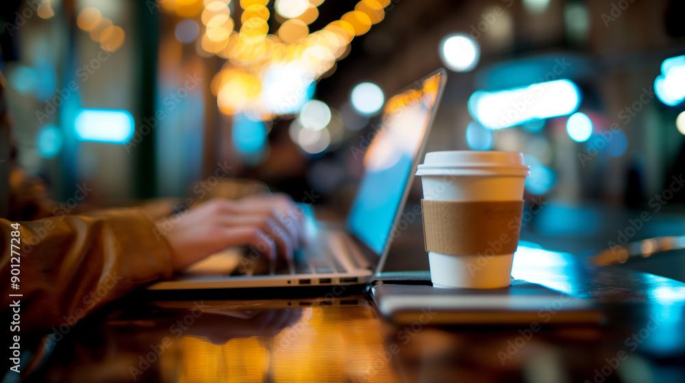 A freelance writer typing on a laptop in a chic café, with a coffee cup and notepad by their side A freelance writer typing on a laptop in a chic café, with a coffee cup and notepad by their side