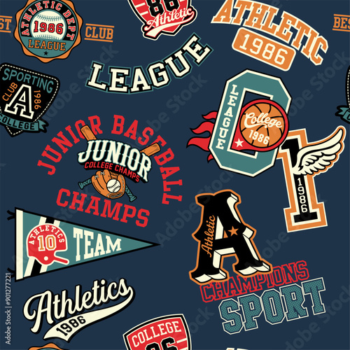 College athletic department sporting badges patchwork vintage vector seamless pattern for children kid wear fabric t shirt sweatshirt pajamas