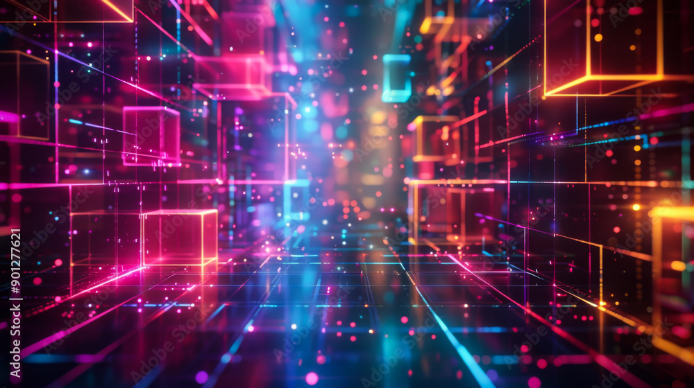 A colorful, neon-lit room with a lot of squares and dots. The room is filled with a lot of different colors and shapes, creating a sense of movement and energy. Scene is one of excitement. A colorful, neon-lit room with a lot of squares and dots. The room is filled with a lot of different colors and shapes, creating a sense of movement and energy. Scene is one of excitement.