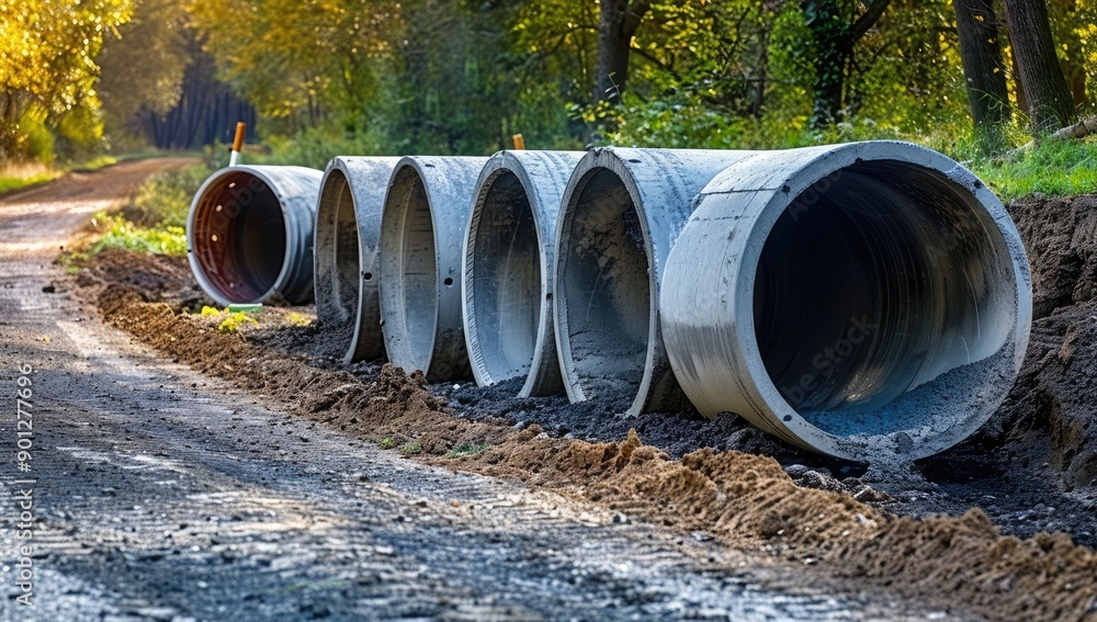 Large Concrete Pipes on Construction Site Large Concrete Pipes on Construction Site