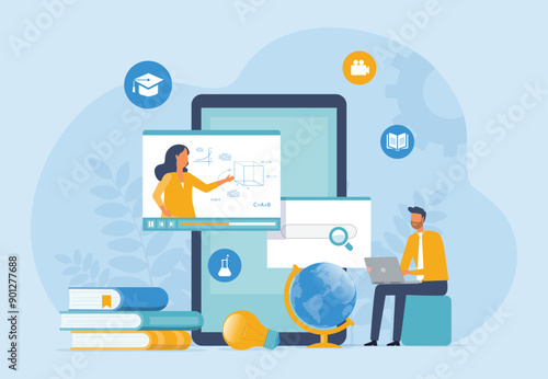 business online education and E-learning at home by webinar training and design for Webinar, online video training, tutorial podcast and business coaching concept. flat vector illustration design 