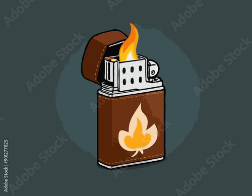 Steel Lighter in Leather Case as Portable Device for Igniting Cigarette and Generating Flame Vector Illustration