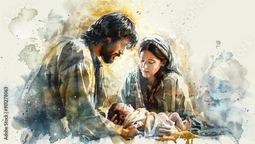 Man and Woman Bent Over Infant Christian Illustration Birth Jesus Watercolor Background Nativity Scene Holy Family Religious Art Symbolic Representation
