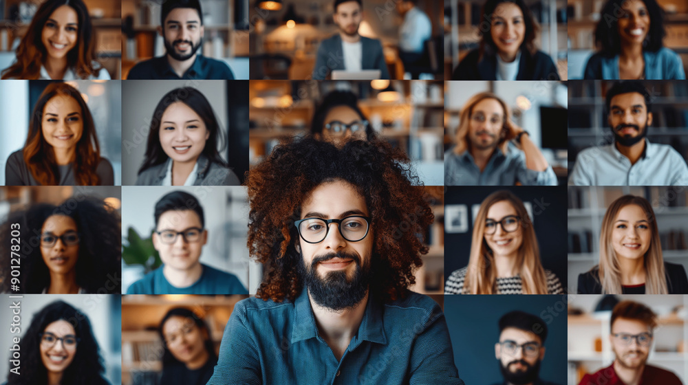 A diverse group of remote workers on a video call, with a mosaic of faces from different backgrounds on the screen A diverse group of remote workers on a video call, with a mosaic of faces from different backgrounds on the screen