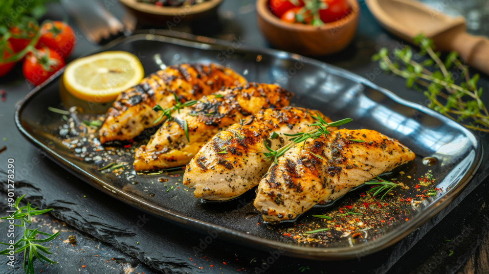 Baked chicken breast in herbs on a dark board against the background of a stone table. Delicacy concept. Baked chicken breast in herbs on a dark board against the background of a stone table. Delicacy concept.