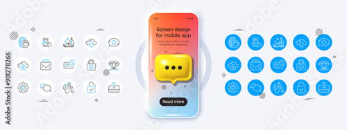 Phone mockup with 3d chat icon. Cloud protection, Wallet and Music phone line icons. Pack of Cloud upload, Card, Diamond icon. Messenger, Favorite chat, Lock pictogram. Vector