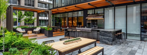 Ultra Modern industrial-style kitchen patio wood breakfast bar, BBQ, open dining room shelving displaying vintage cookware, and a large skylight outdoor kitchen, seating area, plants, and glass walls