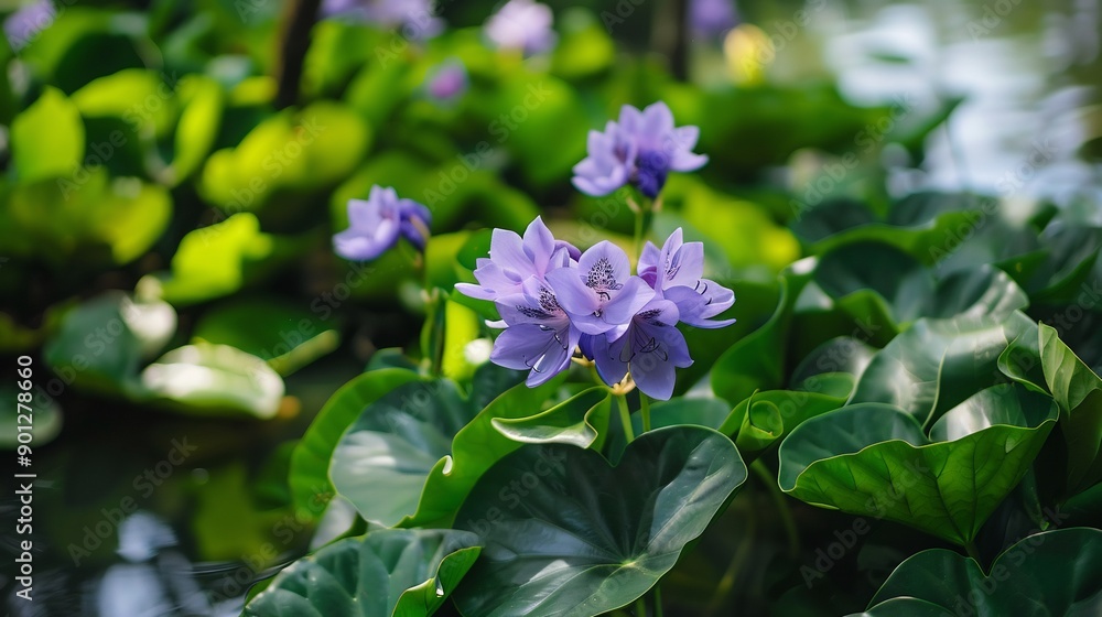 Purple Flowers Blooming in a Lush Green Pond Purple Flowers Blooming in a Lush Green Pond